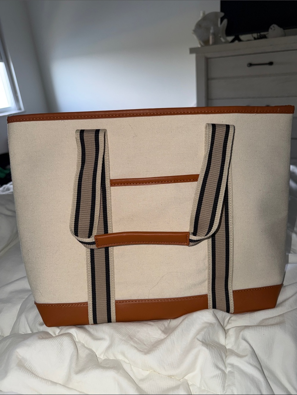 Canvas Tote Bag with Brown Trim and Striped Handles